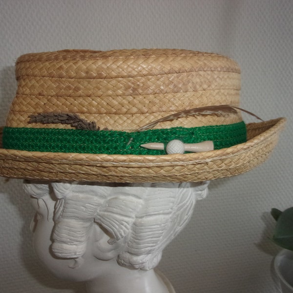 Chapeau de paille vintage ,chapeau taille 56 gansé de vert
