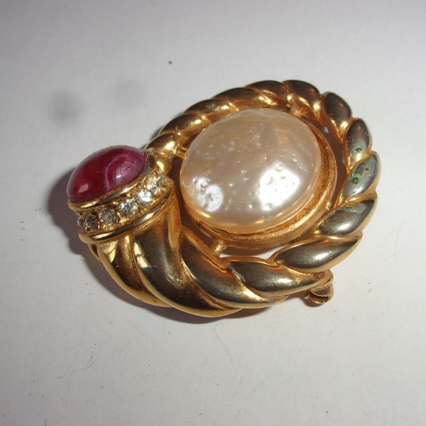 Broche vintage ronde perle nacre perle verre marron et strass