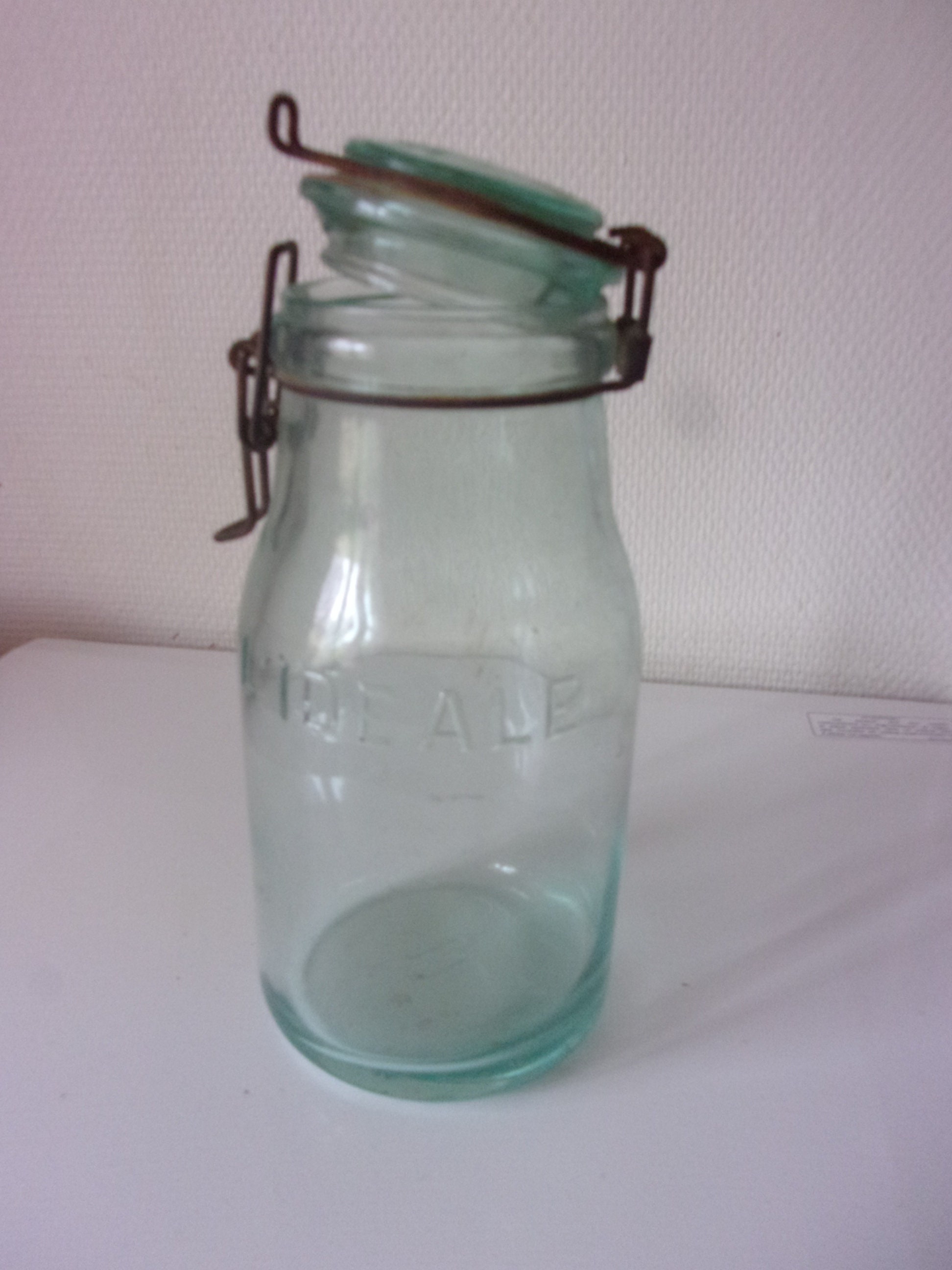 Bocal L Idéale Vintage , Bocal Ancien en Verre Vert , Contenance 1 Litre