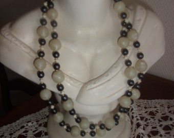 Vintage double row necklace, white and black pearl necklace