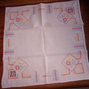 Vintage pink canvas placemat, handmade embroidered placemat, 60s placemat