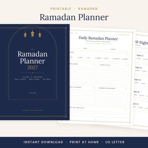 May include: A printable Ramadan Planner 2027 with a dark blue cover featuring gold lantern illustrations and an arch design. The set includes interior pages for daily planning, prayer tracking, and a 10 nights schedule with lined sections for notes.