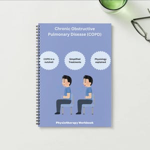 Pode incluir: Um caderno em espiral intitulado "Doença Pulmonar Obstrutiva Crónica (DPOC)" com ilustrações e texto. A capa é azul clara com o título e as palavras "DPOC em poucas palavras", "Tratamentos simplificados" e "Fisiologia explicada".