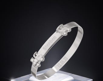 Personalised Silver Baby Bangle: Engraved Train Motif, Newborn Gift
