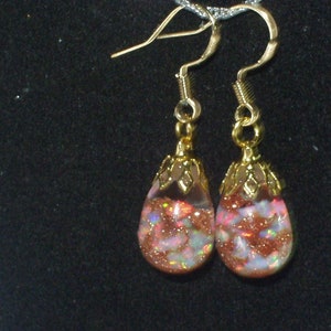 opal earrings floating opals and gold stone  in glass vials floating like snow globes gold filled