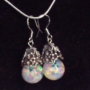 floating opal earring silver floral caps  sterling silver wires