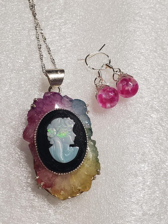Opal necklace pendant and earrings rainbow solar quartz australian opal cameo see video and my store 925 sterling silver