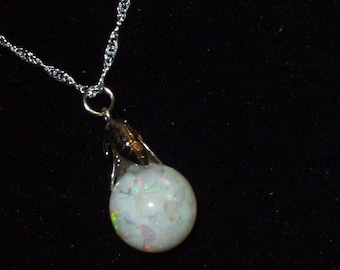 vintage opal necklace  floating australian opal  floating opal sterling silver tulip cap in glass globe  like a miniature snow globe