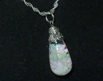 australian opal pendant necklace  floating opal coober pedy and mintabie opals in glass drop  sterling pl chain see the video