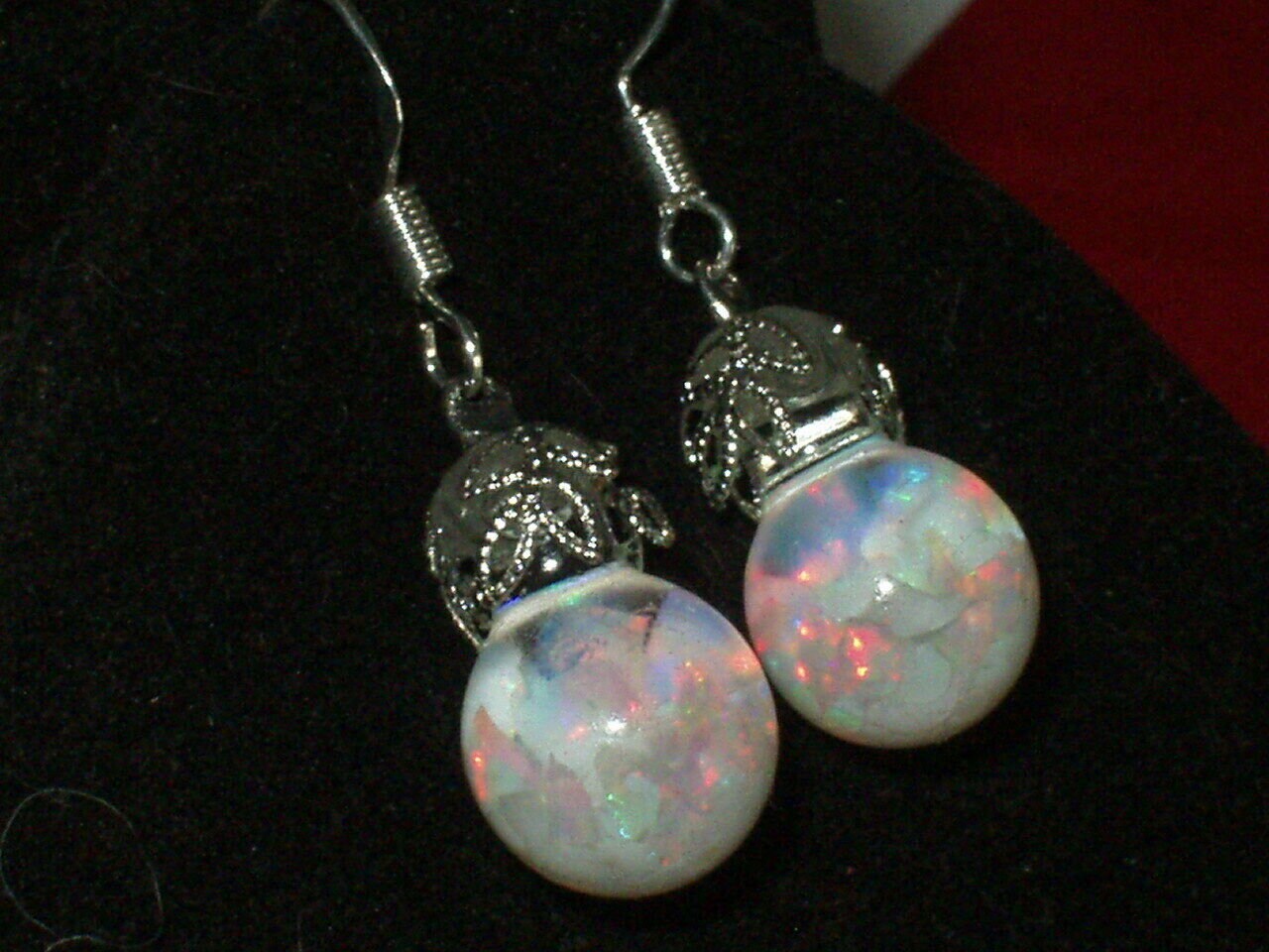 aurora borealis opal earrings floating opal glass drop floating like a snow globe  gold filled wires