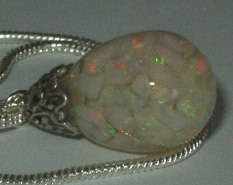 opal necklace pendant floating opals Australian opals floating in a glass drop in oil .sterling sp chain included