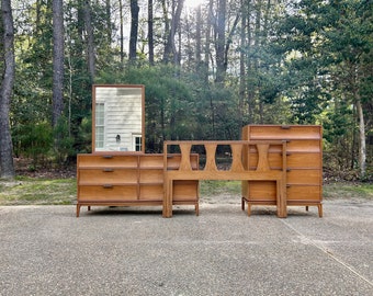 Mid Century Lane bedroom Set - dresser . highboy .  mirror .  queen headboard