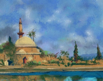 Hala Sultan Tekke Mosque in Larnaca, Cyprus - original soft pastel artwork