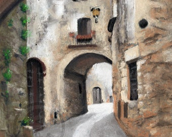 Straße mit Bögen in Girona, Spanien – originales Kunstwerk in sanften Pastelltönen