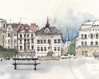 Town Square Buildings, Cieszyn, Poland - original ink & wash artwork