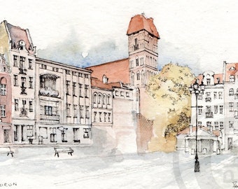 Town Square in Tour, Poland  - original ink & wash artwork