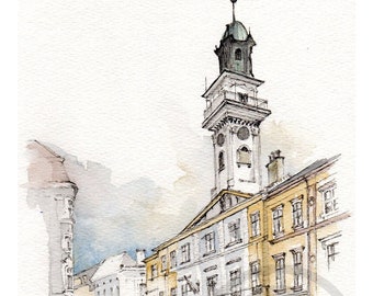 Torre del Reloj de Cieszyn, Polonia: obra de arte original en tinta y lavado