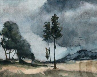 Landscape with Trees and Distant Hills - original watercolour-tinted monotype art