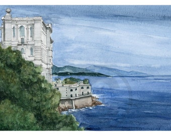 Oceanographic Museum and Bay, Monaco - original panoramic ink & wash artwork