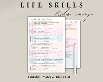 May include: A printable poster with a list of life skills for kids, organized by age. The poster is in pink and blue with the text "Life Skills Camp" and "Kids Camp" in a bold, black font.