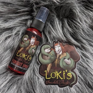 Loki&#39;s Chocolate & Musk fursuit spray + 3&quot; sticker by Norsewolf Creations furry cosplay costume plush fragrance cologne scent chocolate musk