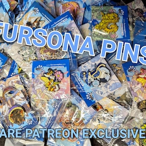 May include: A collection of colourful enamel pins featuring various animal characters. The pins are packaged in clear plastic bags and labelled "Fursona Pins" and "Rare Patreon Exclusives".