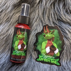 Rysdan&#39;s Green Tea fursuit spray + 3&quot; sticker by Norsewolf Creations costume cosplay plush scent fragrance free shipping matcha oolong