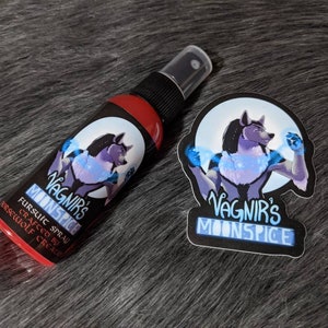 Vagnir&#39;s Moonspice fursuit spray + 3&quot; sticker by Norsewolf Creations cinnamon cloves nutmeg costume cosplay plush scent fragrance free ship