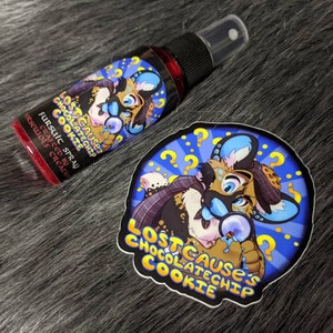 Lost Cause's Chocolate Chip Cookie fursuit spray + 3" sticker by Norsewolf Creations costume cosplay plush scent fragrance free shipping