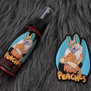 Rue&#39;s Peaches fursuit spray + 3&quot; sticker by Norsewolf Creations costume cosplay plush scent fragrance free shipping peach fuzzy fruit