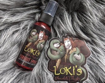 Loki's Chocolate & Musk fursuit spray + 3" sticker by Norsewolf Creations furry cosplay costume plush fragrance cologne scent chocolate musk