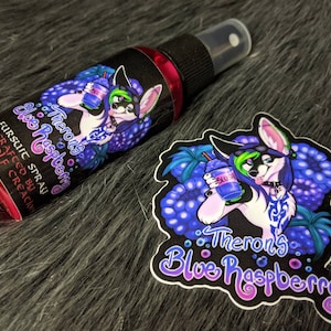 Theron&#39;s Blue Raspberry fursuit spray + 3&quot; sticker by Norsewolf Creations costume cosplay plush scent fragrance free shipping