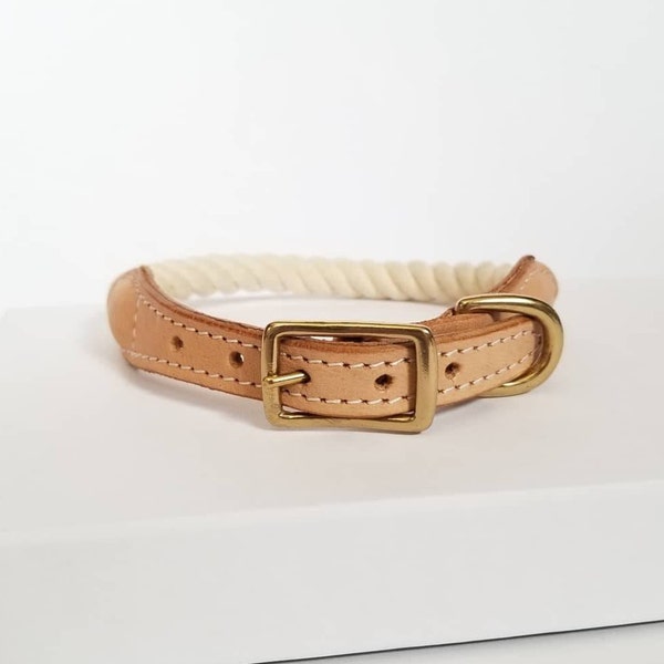 Dog Collar | Rope Dog Collar| leather collar| rope collar| cotton collar| Rope and leather collar| natural white