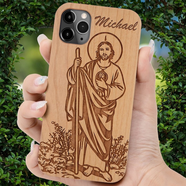 Saint Jude Wood Case for iPhone 14, iPhone 14 Pro Max, iPhone 14 Plus, iPhone 13, iPhone 13 Pro Max, iPhone 13 Mini, Gift idea