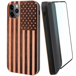 American Flag Wood Phone Case, Personalzed for iPhone 15 Pro Max, iPhone 15 Plus, iPhone 14 Plus, iPhone 13, iPhone 12 Pro, Real Cherry Wood Dark Brown Cherry