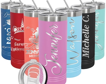 Personalized Skinny Tumbler Stainless Steel with Slider Lid & Straw, Customized 22 oz Insulated Coffee Mug, Valentine and Mother's Day Gift