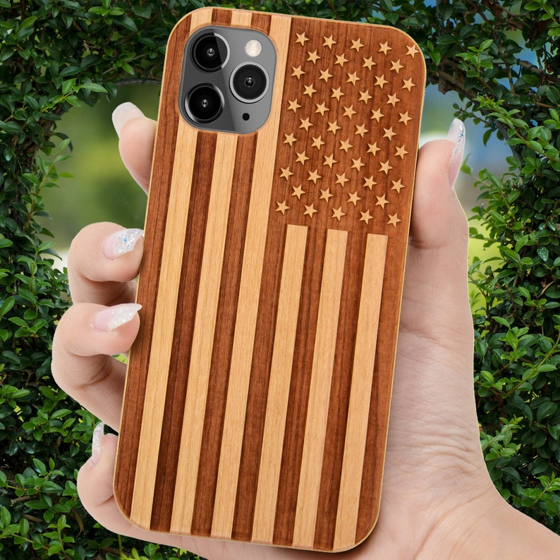 American Flag Wood Phone Case, Personalzed for iPhone 15 Pro Max, iPhone 15 Plus, iPhone 14 Plus, iPhone 13, iPhone 12 Pro, Real Cherry Wood image 6