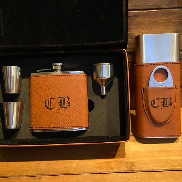 Personalized Engraved Travel Cigar Case and Flask Set for Bachelor Party, Wedding Gift, Logo, Groomsman, Bachelorette, Gift for Dad, Husband