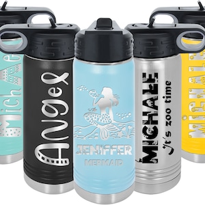 Personalized Kids Water Bottle with Flip Up Straw, Engraved Mug Stainless Steel Insulated Water Bottle,  20oz, Optional Carabiner.