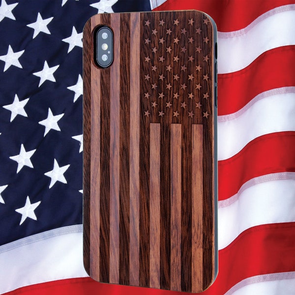 American Flag Wood Phone Case, Personalzed for iPhone 15 Pro Max, iPhone 15 Plus, iPhone 14 Plus, iPhone 13, iPhone 12 Pro, Real Cherry Wood