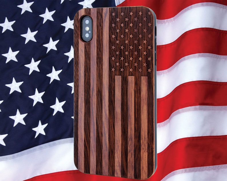 American Flag Wood Phone Case, Personalzed for iPhone 15 Pro Max, iPhone 15 Plus, iPhone 14 Plus, iPhone 13, iPhone 12 Pro, Real Cherry Wood image 1