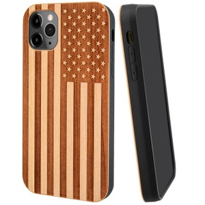 American Flag Wood Phone Case, Personalzed for iPhone 15 Pro Max, iPhone 15 Plus, iPhone 14 Plus, iPhone 13, iPhone 12 Pro, Real Cherry Wood Light Cherry Wood