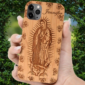 Virgin Mary Wood Phone Case Personalize with name for iPhone 15 Pro Max, iPhone 14 Pro Max, iPhone 13 Pro Max, iPhone Plus 8, 7, 6, SE