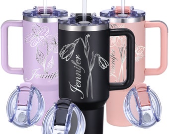 Personalized 40 oz Tumbler with Handle, Engraved Name with Birth Flower and Straw and Spill Proof Lid, Insulated Hot or Cold Mug, Great Gift