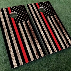 LAMINATED Firefighter Thin Red Line Axe Cornhole Board Skin Wrap Decal SET LAMINATED Firefighter Thin Red Line Axe Cornhole Board Skin Wrap Decal SET