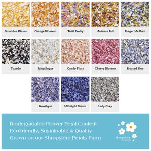 May include: A variety of flower petal confetti colors, including Sunshine Kisses, Orange Blossom, Tutti Fruity, Autumn Fall, Forget Me Knot, Tuxedo, Icing Sugar, Candy Floss, Cherry Blossom, Frosted Blue, Amethyst, Midnight Bloom, and Lady Grey. Biodegradable Flower Petal Confetti, Eco-friendly, Sustainable & Quality, Grown on our Shropshire Petals Farm.