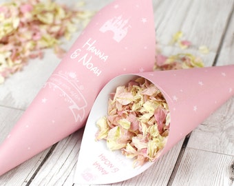 Personalised Pink Fairytale Design Wedding Confetti Cone Box | 25 Confetti Cones, Biodegradable Petal Confetti with Display Box