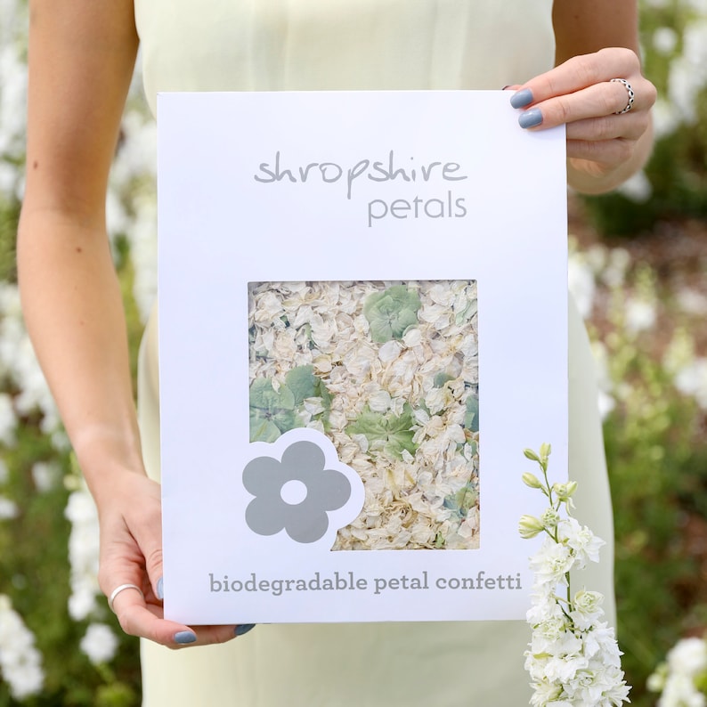 May include: A white box with a window showing white and green flower petals. The box has the text "shropshire petals" and "biodegradable petal confetti" printed on it.