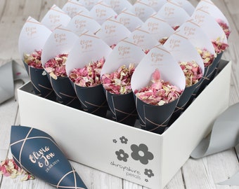Personalised Navy Geometric Design Wedding Confetti Cone Box | 25 Confetti Cones, Biodegradable Petal Confetti with Display Box