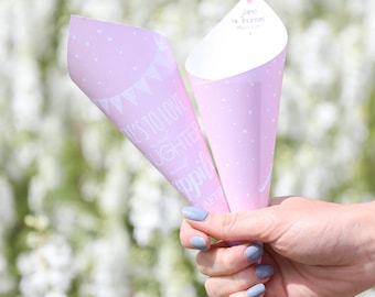 Personalised Pink Bunting Design Confetti Cone Box | 25 Confetti Cones & Biodegradable Petal Confetti with Display Box | Wedding Confetti